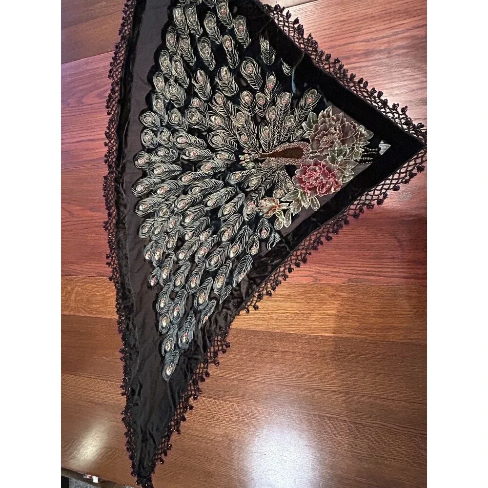 Exquisite PEACOCK Velvet Burnout V Tie Scarf Wrap Shawl - Picture 7 of 10